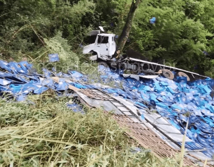 Motorista de carreta que transportava papelão morreu após veículo cair em ribanceira (Foto: Reprodução/Artesp)
