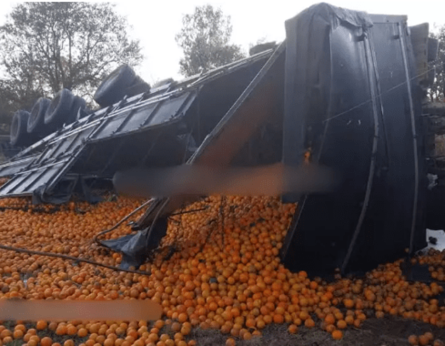 Caminhão carregado de laranjas tomba e interdita parcialmente SP-255 em Pratânia (Foto: Artesp/Reprodução)